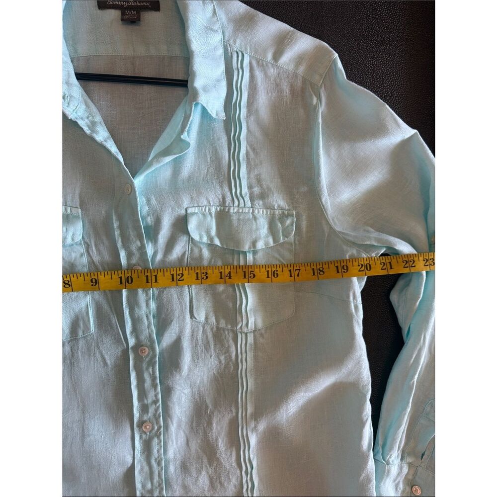Tommy Bahama Seafoam Green Textured Linen Button-Front Shirt coastal cover up M - Picture 8 of 10